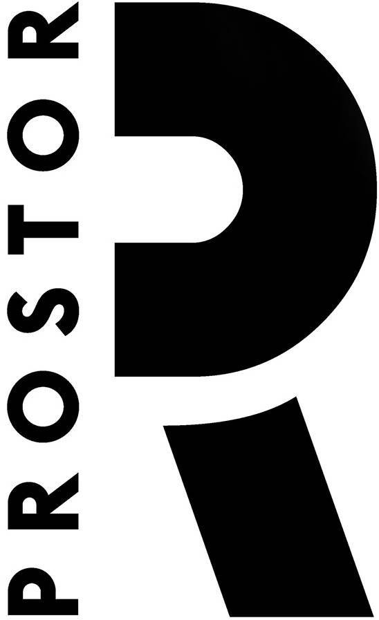 Logo Revue Prostor – Grafik bestehend aus vertikal gesetztem Schriftzug 'Prostor' und horizontal gesetzem 'R' in Schwarz auf weißem Hintergrund