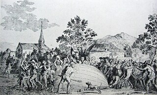 Ein von Jacques Charles und den Gebrüdern Robert gebauter Versuchsballon ging 1783 bei Gonesse nieder und wurde anschließend von den Einwohnern als Teufelsgerät angegriffen, Flugblatt aus dem Jahre 1783