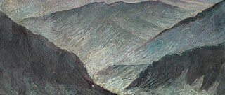 An oil painting depicting mountains. 