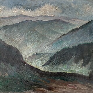 An oil painting depicting mountains. 