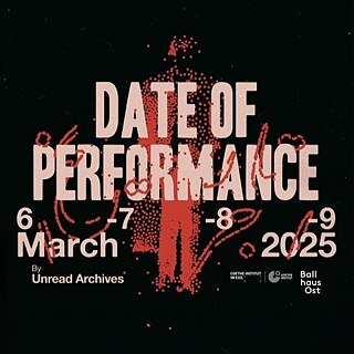 Promotional poster displaying the performance date, designed with red graphics on a black background.