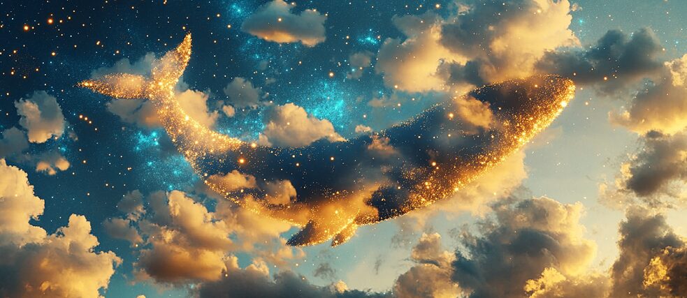 A surreal image of a glowing, golden whale made of stardust, floating among clouds in a deep blue sky filled with stars.