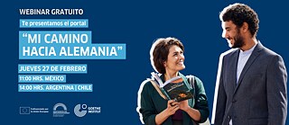Flyer de webinarion mi camino a Alemania con tres personas conversando
