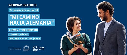 Flyer de webinarion mi camino a Alemania con tres personas conversando
