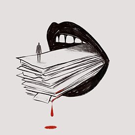 Людський рот, що ніби пожирає листки, з яких крапає кров