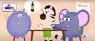 A Hippo and an elephant sitting at a desk ordering a drink