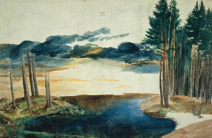 Aquarellbild. In der Mitte ein Teich, links abgeholzte Bäume, rechts Nadelbäume. 