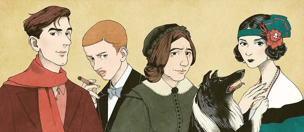 Illustrations of Mann's novel characters: (from left) Felix Krull, Hans Castorp, Sesemi Weichbrod, Imma Spoelmann