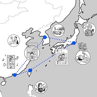 Illustration of map of East Asia, most popular apps and mobile applications noted on Korea, Hong Kong, Taiwan and Japan.
