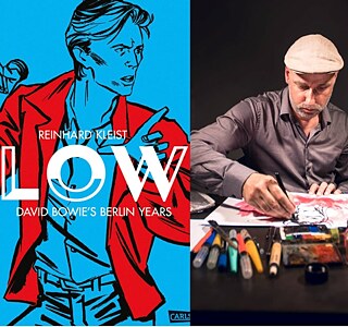Cover Buch "Low" (David Bowie am Mikrofon). Reinhard Kleist beim Zeichnen