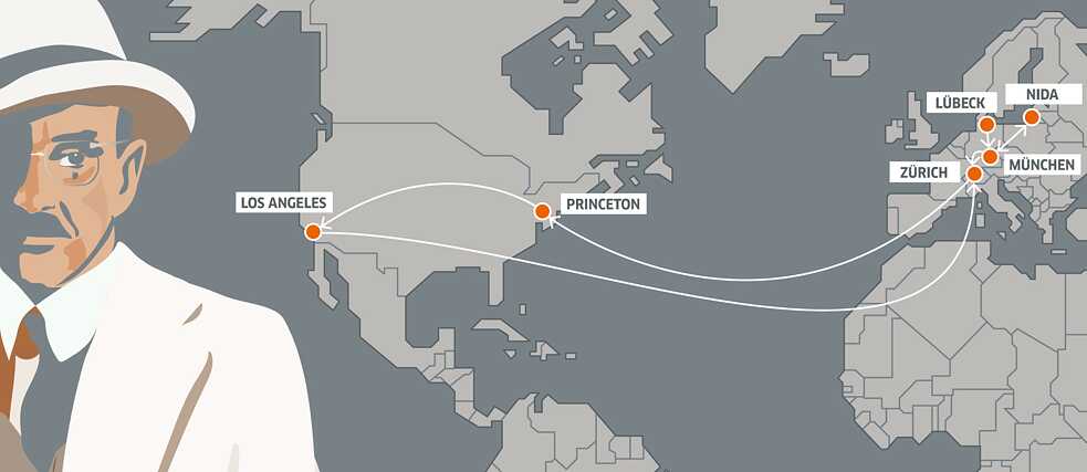 Graphic in shades of grey, showing a drawing by Thomas Mann on the left and a section of a world map in the remaining part of the image. In North America and Europe, Thomas Mann's places of residence (Lübeck, Munich, Zurich, Princeton and Los Angeles) are labelled and lines indicate the route Thomas Mann took from one place to another.