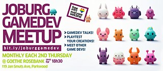 Gamedev Meetup Banner mit niedlichen 3D-Figuren, die wie kleine Aliens oder Monster aussehen