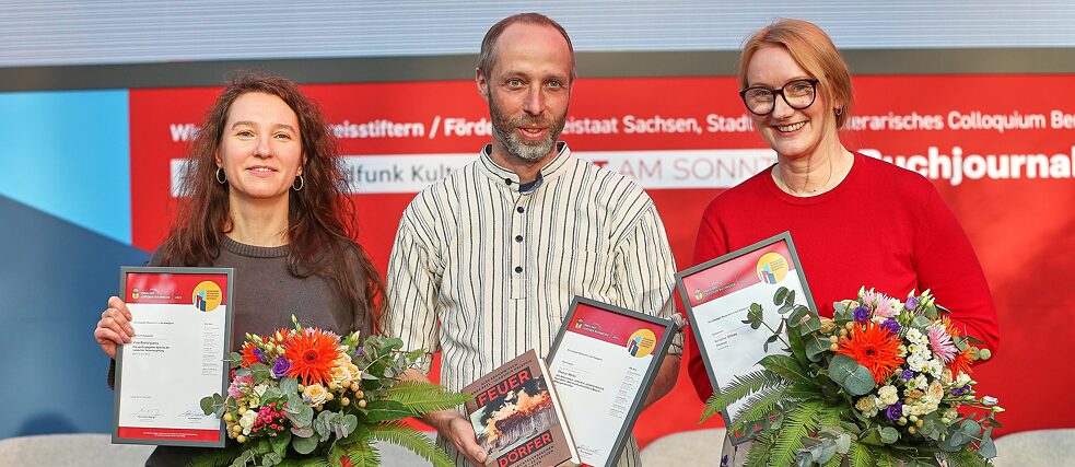 Prize of the Leipzig Book Fair 2025, the three winners: Irina Rastorgueva, Thomas Weiler, Kristine Bilkau (from left to right)