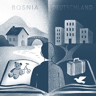 Ілюстрація із книжкою, з якої наче висипаються елементи про різні часи життя