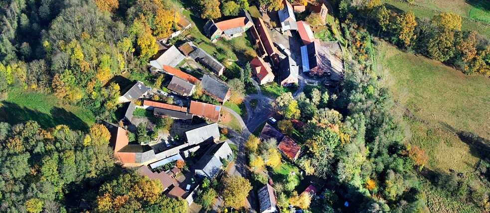 An aerial view of a Rundling village: Meuchefitz in the Wendland.