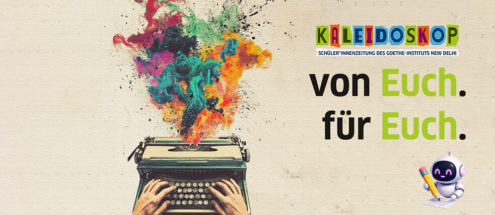 Hände tippen auf einer Vintage-Schreibmaschine, aus der lebhafte, farbenfrohe Farbspritzer aufsteigen, die Kreativität symbolisieren.