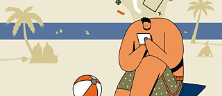 Male figure reading on the beach