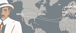 Grafik in Grautönen, die links eine Zeichnung Thomas Manns zeigt und im restlichen Bildteil einen Ausschnitt einer Weltkarte. In Nordamerika und Europa sind die Wohnorte Thomas Manns (Lübeck, München, Zürich, Princeton und Los Angeles gekennzeichnet und Linien zeigen den Weg an, den Thomas Mann von einem Ort zum anderen hinter sich legte.