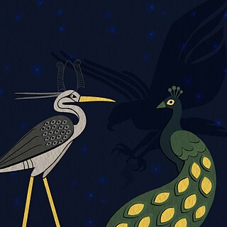 Дві птахи: павич та чапля розмовляють. Ілюстрація у темних тонах. 