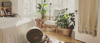 A cozy bedroom featuring a white bed with a textured blanket, a globe on a vintage suitcase, a red patterned rug, large windows with wooden blinds, several potted plants, a hanging macrame plant holder, a bookshelf with books, and a woven wall hanging near an open door. © © Unsplash Cozy Bedroom with Natural Light and Plants