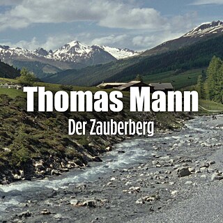Filmstill aus dem Vorderspann des Dokumentarfilms mit Bergen im Hintergrund und einem Bach im Vordergrund und in der Mitte dem Filmtitel "Der Zauberberg – Thomas Mann".