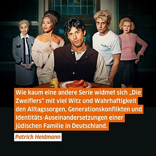 Zitat von Patrick Heidmann auf Bild: Wie kaum eine andere Serie widmet sich „die Zweiflers“ mit viel Witz und Wahrhaftigkeit den Alltagssorgen, Generationskonflikten und Identitäts-Auseinandersetzungen einer jüdischen Familie in Deutschland.