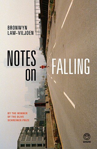 The picture shows the cover of a book entitled ‘Notes on Falling’ by Bronwyn Law-Viljoen. The lower part of the cover shows a single person walking along an empty, wide street. The person is wearing a striking orange-coloured outfit. The street runs straight ahead and leads into the distance, where buildings and urban structures are visible. The background conveys a quiet, almost deserted city scene.  The title of the book is placed in large white letters in the centre of the picture: ‘NOTES on FALLING’ Above it is the author's name: ‘Bronwyn Law-Viljoen’ At the bottom of the cover is a reference to an award: ‘by the winner of the Olive Schreiner Prize’.