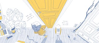 The picture is a blue and yellow drawing on a white background. It shows a section of a room with plants, a cupboard, shelves, various objects and a huge yellow door in the centre. A child and a rabbit are standing in front of it, marvelling at it with wide eyes.