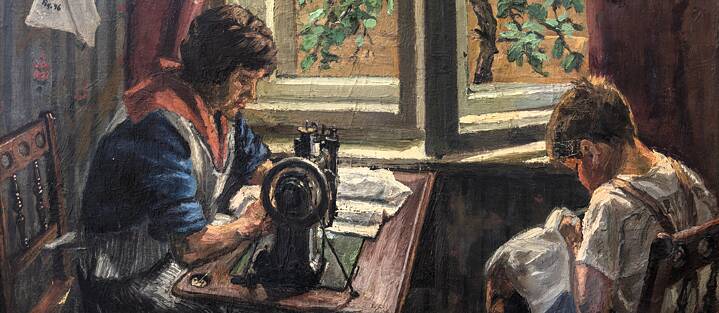 Toni Ebel: Švadlena a chlapec. Před rokem 1930. Signováno Arno Ebel.