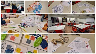 Eine Collage; die Bilder zeigen Arbeitsblätter und Bastelarbeiten auf Tischen.