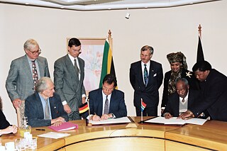 Klaus Kinkel, Bundesminister des Auswärtigen (Mitte), Hilmar Hoffmann, Präsident des Goethe-Instituts (l.) und Südafrikas Außenminister Alfred Baphetuksolo Nzo bei einer Vertragsunterzeichnung zur Einweihung des Goethe-Instituts. Im Hintergrund (Mitte rechts): Uwe Kaestner, deutscher Botschafter
