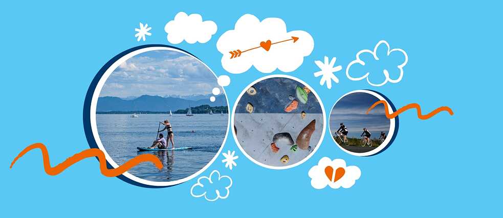 A collage with images of sports. A person with a SUB board by the lake, a climbing wall and a group of cyclists.
