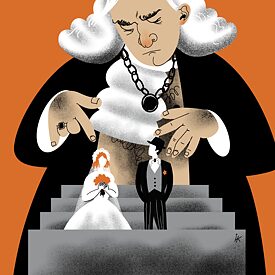 Ілюстрація: суддя рухає маленькі фігурки чоловіка та жінки