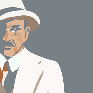 Grafik mit Porträt von Thomas Mann links auf grauem Hintergrund