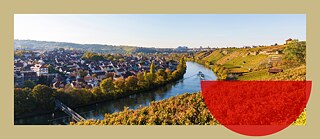 Stuttgart von oben. Man sieht die Hänge rund um die Stadt, einen Fluss und den Talkessel.