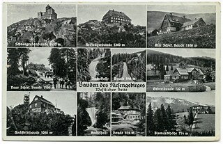 Jedenaście widoków zachodnich Karkonoszy: schronisko "Nad Śnieżnymi Kotłami" (Schneegrubenbaude 1490 m); schronisko "Szrenica" (Reifträgerbaude 1360 m); schronisko "Pod Łabskim Szczytem" (Alte Schles. Baude 1168 m); schronisko "Hala Szrenicka" (Neue Schles. Baude 1195 m); Wodospad Kamieńczyka i schronisko "Przy Kamieńczyku" (Zackelfall-Baude 846 m); dawne schronisko "Gebertbaude" w Szklarskiej Porębie Górnej (Gebertbaude 732 m); dawne schronisko "Wysoki Kamień" koło Szklarskiej Poręby (Hochsteinbaude 1058 m); Wodospad Szklarki i schronisko "Kochanówka" (Kochelfall- Baude 514 m); obecny Ośrodek Wypoczynkowy "Grzybowiec" w Jagniątkowie (Bismarckhöhe 714 m).