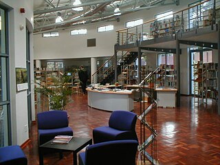 Das Bild zeigt die Bibliothek. Der Boden besteht aus Holz, was dem Raum eine warme Atmosphäre verleiht. Im Vordergrund stehen mehrere bequeme blaue Sessel, die um kleine Tische gruppiert sind. Im Hintergrund befinden sich mehrere Bücherregale, und eine Treppe führt zu einer oberen Ebene, auf der sich weitere Regale mit Büchern befinden. In der Mitte des Raumes steht ein zentraler Schreibtischbereich mit verschiedenen Gegenständen darauf. Große Fenster lassen viel Tageslicht in den Raum, und mehrere Pflanzen sorgen für eine angenehme, grüne Umgebung.