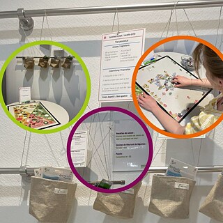 Zwei Metallstangen mit Schnüren, Rezepten und Samenkörbchen. Junge Frau beim Puzzeln