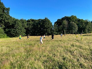 Jugendliche laufen auf einer Wiese.