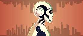 Eine Illustration, auf der ein Roboter ist. Im Inneren des Roboters ist ein Mensch.