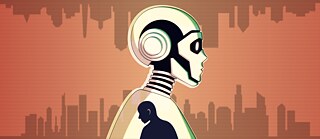 Eine Illustration, auf der ein Roboter ist. Im Inneren des Roboters ist ein Mensch.