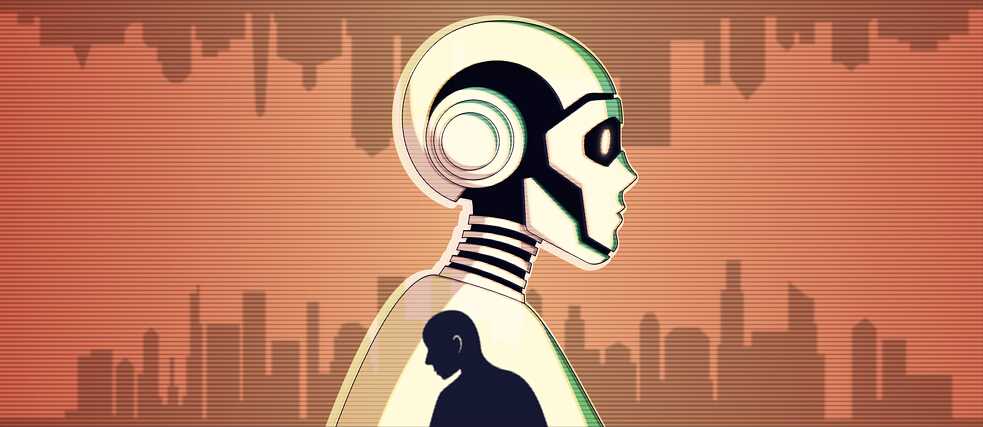 An illustration of a robot. Inside the robot is a human.