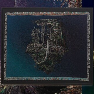 Tapestry weaving of a small floating island made up of trees