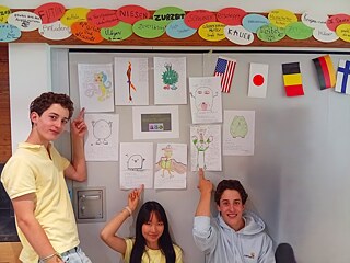 Jugendliche zeigen auf Zeichnungen an einer Pinnwand.