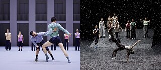 Auf dem Bild links treten die Tänzer Ido Toledano und Sam Young-Wright von der Dresden Frankfurt Dance Company in William Forsythes <i>Undertainment</i> auf. Rechts im Bild sind elf Tänzerinnen und Tänzer für die Aufführung <i>Lisa</i> von Ioannis Mandafounis zu sehen.