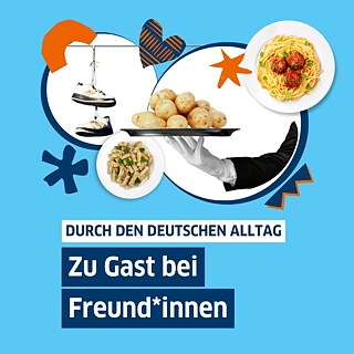 Text auf Bild: Zu Gast bei Freund*innen. Man sieht eine Collage mit Pasta und Kartoffeln und ausgezogenen Schuhen. 