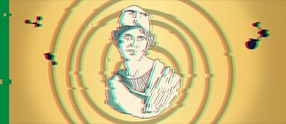 Eine griechische Figur ist vor einem gelben Hintergrund zu sehen.