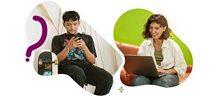 A man is staring at his mobile phone screen and a woman is typing on her laptop.