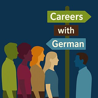 an image showing five diverse silhouettes of people standing in a row on the left side, with a signpost on the right side that has three directional arrows labeled 'Careers,' 'with,' and 'German.' 