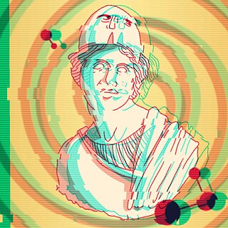 Eine griechische Figur ist vor einem gelben Hintergrund zu sehen.